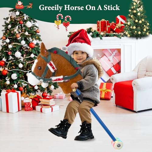 Greeily Stick Horse for Kids, 30\" to 50\" Horse on a Stick Plush Handcrafted Stick Pony Real Pony Neighing and Galloping Sounds Sturdy Metal Pole with Lighting Wheels Sponge Grip