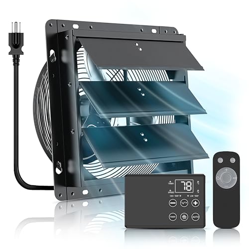 Ehiair 8 Inch Upgraded Shutter Exhaust Fan with Thermostat & Remote Control, Automatic On/Off by Temperature, 760 CFM Wall Mounted Garage Fan for Attic, Greenhouses, Sheds, Chicken Coops & Shops