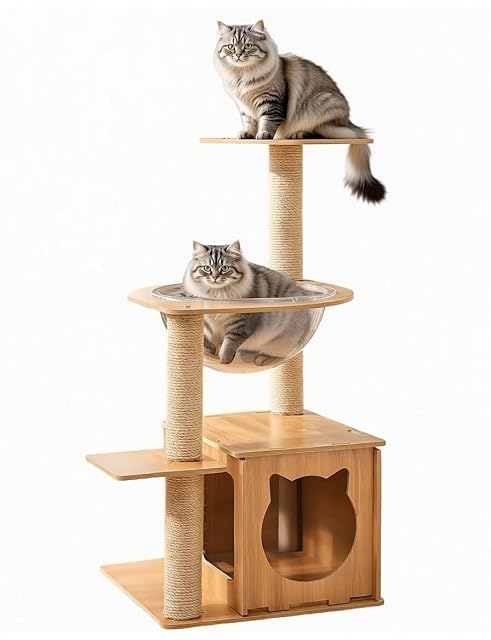 Foto 5 de 7 de BPS Árbol Rascador para Gatos de Madera con Cama Acrílica Transparente, Torre Multifuncional con Casa Cerrada