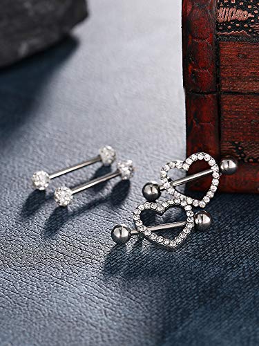 Jovitec 2 Pairs Stainless Steel Nipple Ring Cz Barbell Rhinestone Nipple Studs For Nipple Tougue Body Piercing, 14 G (Steel) #TOP4