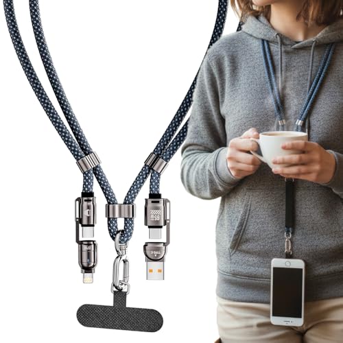 Mobitel Phone Lanyard Charging Cable 60W 4 in 1 Wearable Crossbody Anti-Theft Strap with USB-A & USB-C to USB-C and iPhone Connector Nylon Braided Charging Lanyard for iPhone Samsung Google 1.2m