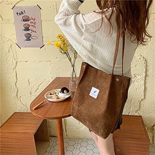 Aluwu Corduroy Tote Bag For Women Girl Casual Work Canvas Shoulder Handbags Cute Purse Brown #TOP5