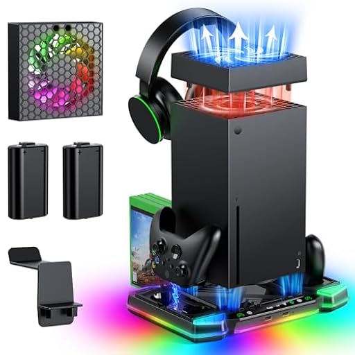 Sistema de ventilador de refrigeración automático mejorado y soporte de carga para consola Xbox Series X y controladores, accesorios con 11 luces RGB y batería recargable de 2 x 1400 mAh, soporte para | Ya disponible en tu tienda friki favorita! En mundofriki.es! Sistema de ventilador de refrigeración automático mejorado y soporte de carga para consola Xbox Series X y controladores, accesorios con 11 luces RGB y batería recargable de 2 x 1400 mAh, soporte para | Ya disponible en tu tienda friki favorita! En mundofriki.es!