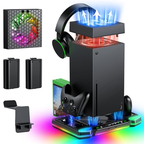 Sistema de ventilador de refrigeración automático mejorado y soporte de carga para consola Xbox Series X y controladores, accesorios con 11 luces RGB y batería recargable de 2 x 1400 mAh, soporte para