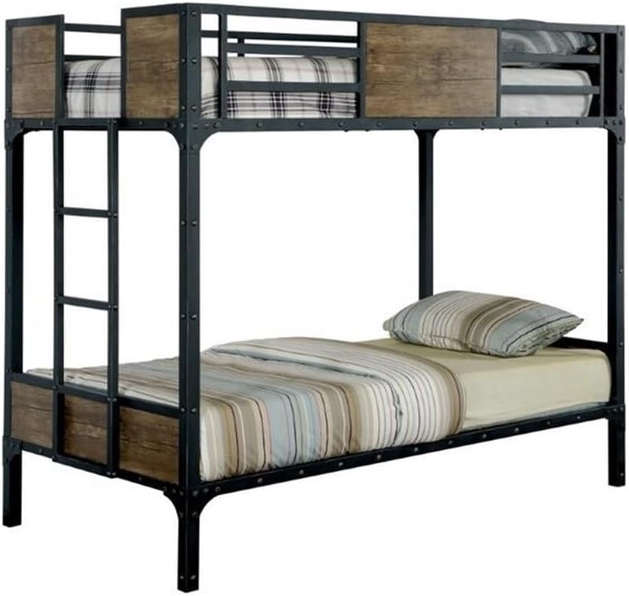 Bowery Hill Modern Steel Metal/Wood Twin Over Twin Bunk Bed, Black Finish, 66.5"H x 78.38"W x 41"D, Attached Ladder, Wood Panel Accents, Top Bunk Safety Railing, Durable Space-Saving Bed for Kids or