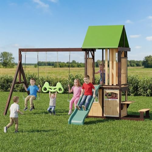 7 in 1 Outdoor Wooden Swing Set for Kids 0.5-12 Years
