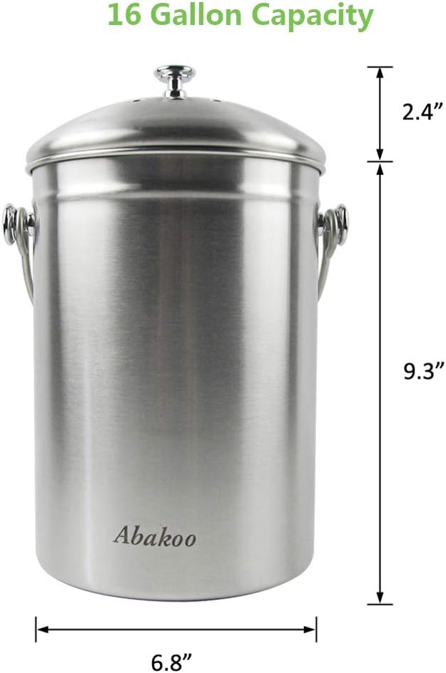 Compost Bin Countertop, Composter Bucket with Lid Abakoo 1.6 Gallon Stainless Steel Kitchen Waste Pail Plus 4pcs Bonus Charcoal Filters Clean & Odor Free