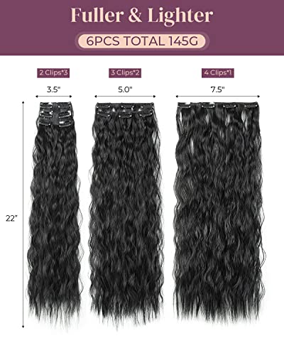 Clip In Hair Extensions,Lonai 6Pcs 24" Black Hair Extensions Long Mermaid Waves Wavy Synthetic Clip On Hairpiece For Women（Black） #TOP1