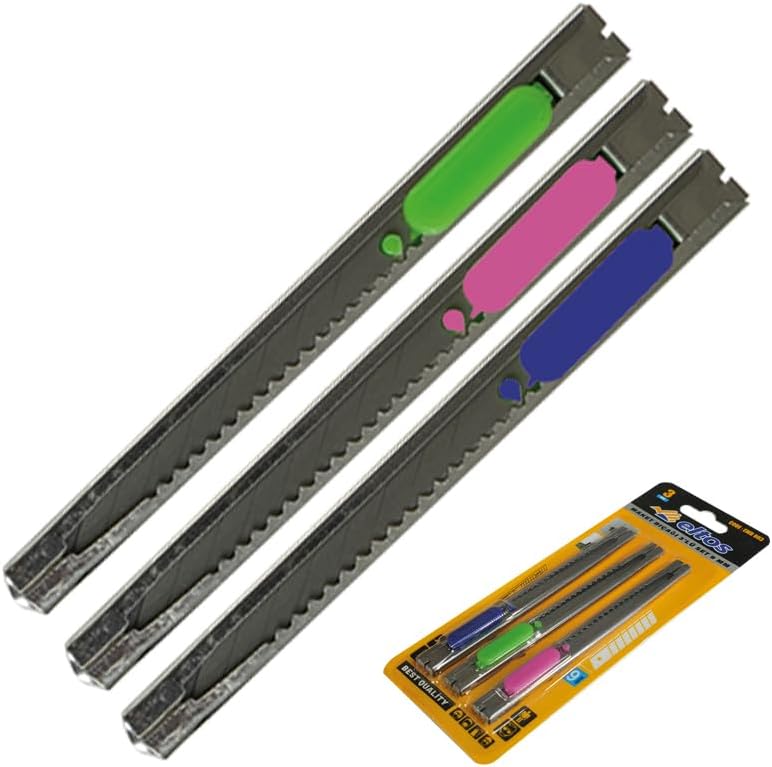 Eltos 3'lü Metal Maket Bıçağı Seti - 9mm İnce Dar Tip, Paslanmaz Çelik Gövde, Hassas Kesim İçin Kilitli Mekanizma - Ofis, Sanat ve Hobi Kullanımına Uygun (Yeşil, Pembe, Mavi)