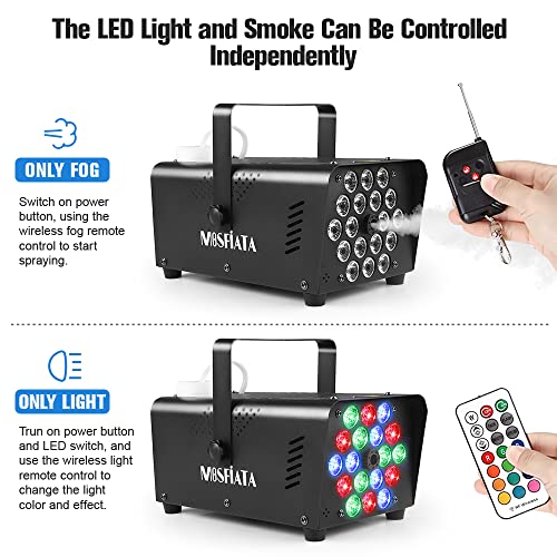 Smoke Machine, MOSFiATA Fog Machine with 18 RGB LED Lights Effect, 600W and 2300CFM Fog with 1 Wired Receiver and 2 Wireless Remote Controls, Perfect for Wedding, Halloween, Party and Stage Effect