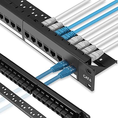 Rapink Patch Panel 24 Port Cat6 with Inline Keystone 10G Support, Pass-Thru Coupler UTP 19-Inch with Removable Back Bar, 1U Network Patch Panel for Cat6, Cat5e, Cat5 Cabling Cover