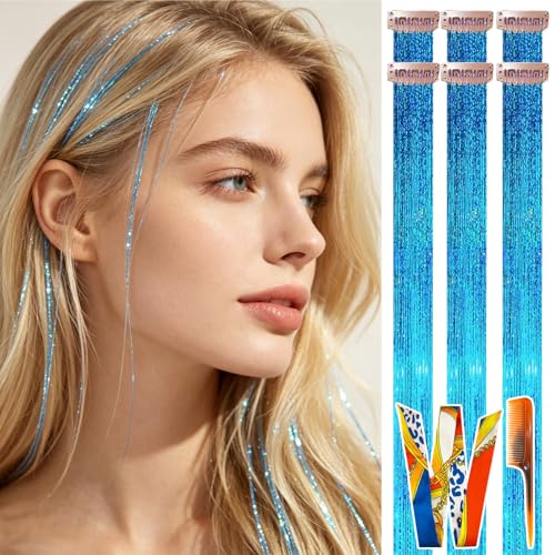 CELINABELLA Aqua Blue Hair Tinsel Clip-in 23Inch 70Strands Heat Resistant Ocean Sparkle Hair Extensions 6PCS with Comb & Ribbon for Women Teens Beach Festival Summer