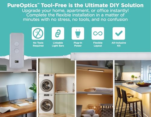 Image of PureOptics LED Under Cabinet Lighting Kit, Motion Sensor, Dimmable, Linkable, 3 Color Settings, Tool-Free, for Kitchen, Pantry, Cabinets, Closets, Office (6) 9 inch Bars