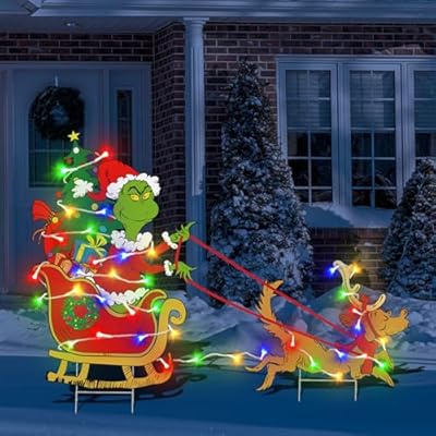 Outdoor Christmas Decorations for Yard - 2pcs Plastic Sleigh Dog Gnome Christmas Yard Signs with Yard Stakes, String Lights for Garden Yard Lawn Christmas Party Supplies