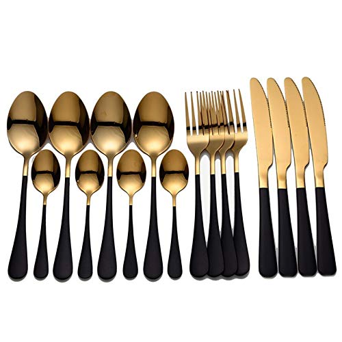 Couverts en acier inoxydable or pour cuisine : lot de cuillères, fourchettes et couteaux noirs