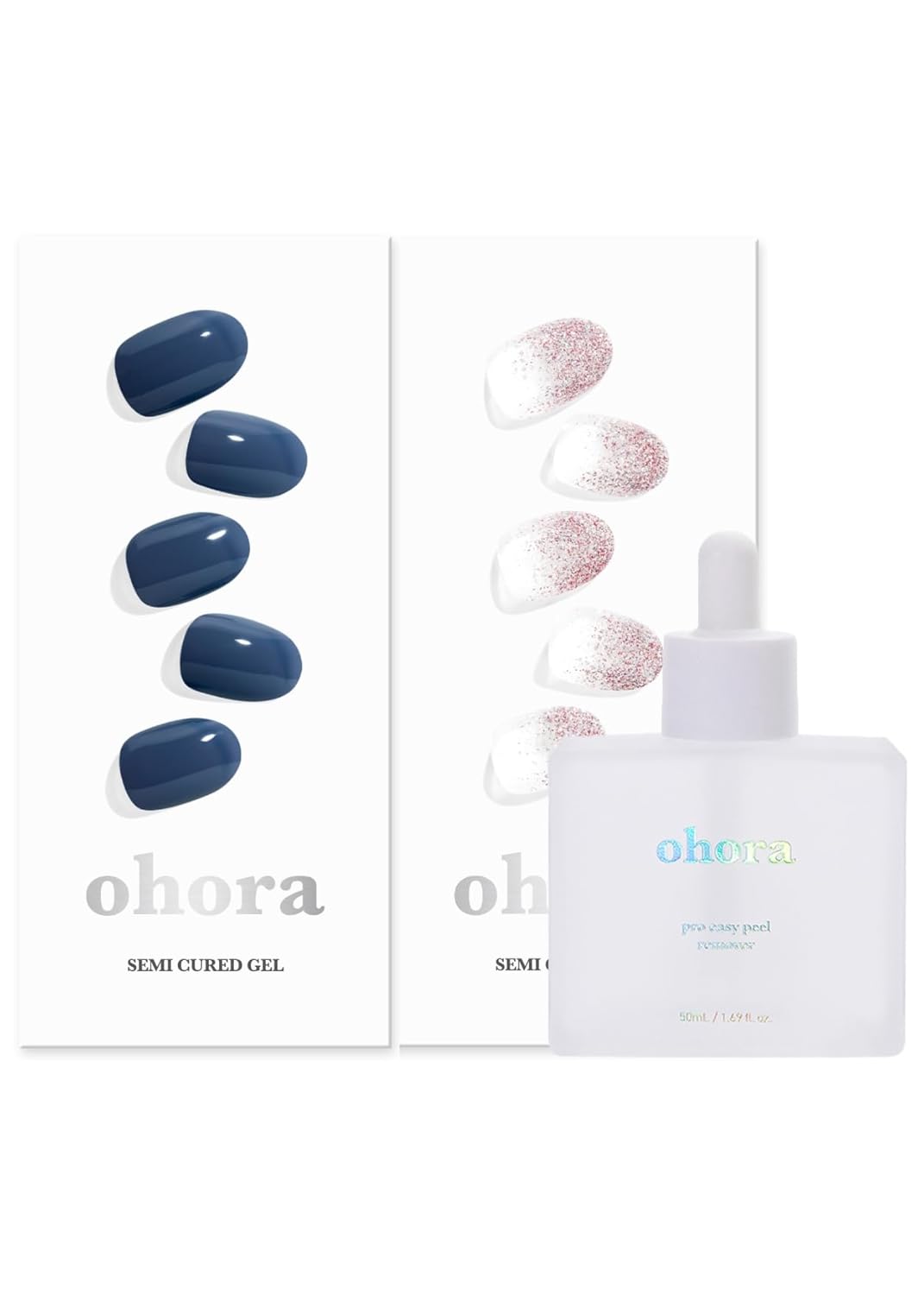 ohora Semi Cured Gel Nail Set of 3 (N Cream Indigo & N Basic Nails no.3 & Easy Peel Remover) - Professional Salon-Quality Nail Care