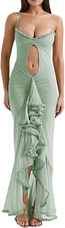 meilun Womens Cowl Neck Ruffle Wedding Guest Dress Mesh Slit Bodycon Cocktail Party Maxi Dress