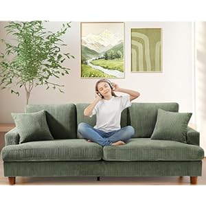 87in Corduroy Couch, Kidirect Sofa No Tool Assembly, Comfy Couches for Living Room 21in Deeper Seats, Corduroy Sofas for Living Room with 2 Pillows, Oversized Loveseat Sofa, Boho Love Seat Green Couch