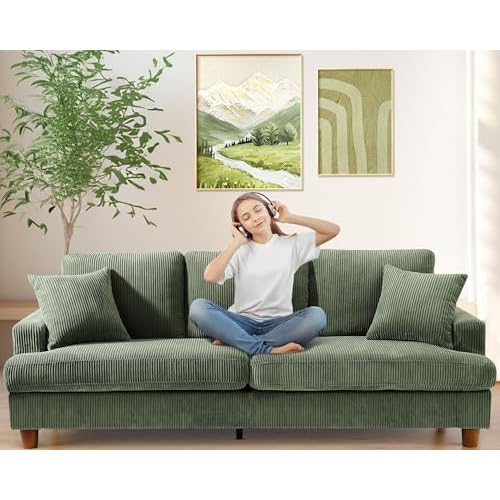 87in Corduroy Couch, Kidirect Sofa No Tool Assembly, Comfy Couches for Living Room 21in Deeper Seats, Corduroy Sofas for Living Room with 2 Pillows, Oversized Loveseat Sofa, Boho Love Seat Green Couch