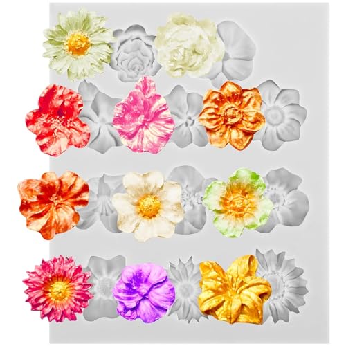 3D Blumem Silikonformen, Blumenform Epoxidharz Formen, Polymer Clay Form Silikon Fondant Form Set Moulds für Dekorative Kerzengießformen, Fondant Blumen Kuchenform mit 11 Blumen Hohlräu