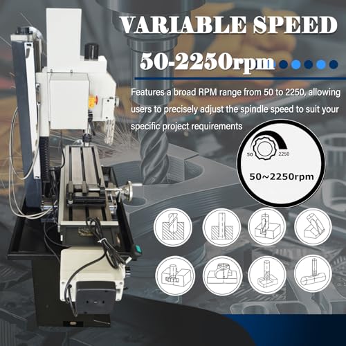 EQCOTWEA 1300W Milling Drilling Machine Benchtop Mini Mill & Drill Machine R8 Spindle Metal/Wood Working, 50-2250 RPM, DRO X-Axis Power Feed, 3-Axis Grating Scale, Stand & Clamp 110V