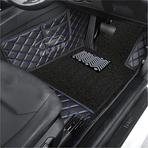 Image of Premium 7D Car Floor Mat Full Set for Nissan Gravite|| Luxury Leather with Grass Mat Complete Set || 100% Waterproof and Washable (Black and Blue)