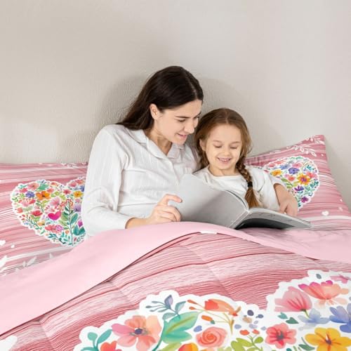 Image of Erosebridal Pink Valentine Full Bedding Set Love Heart Flowers Comforter Set for Kids Girls Romantic Floral Heart Shaped Comforter Geometric Stripes Cottagecore Duvet Insert