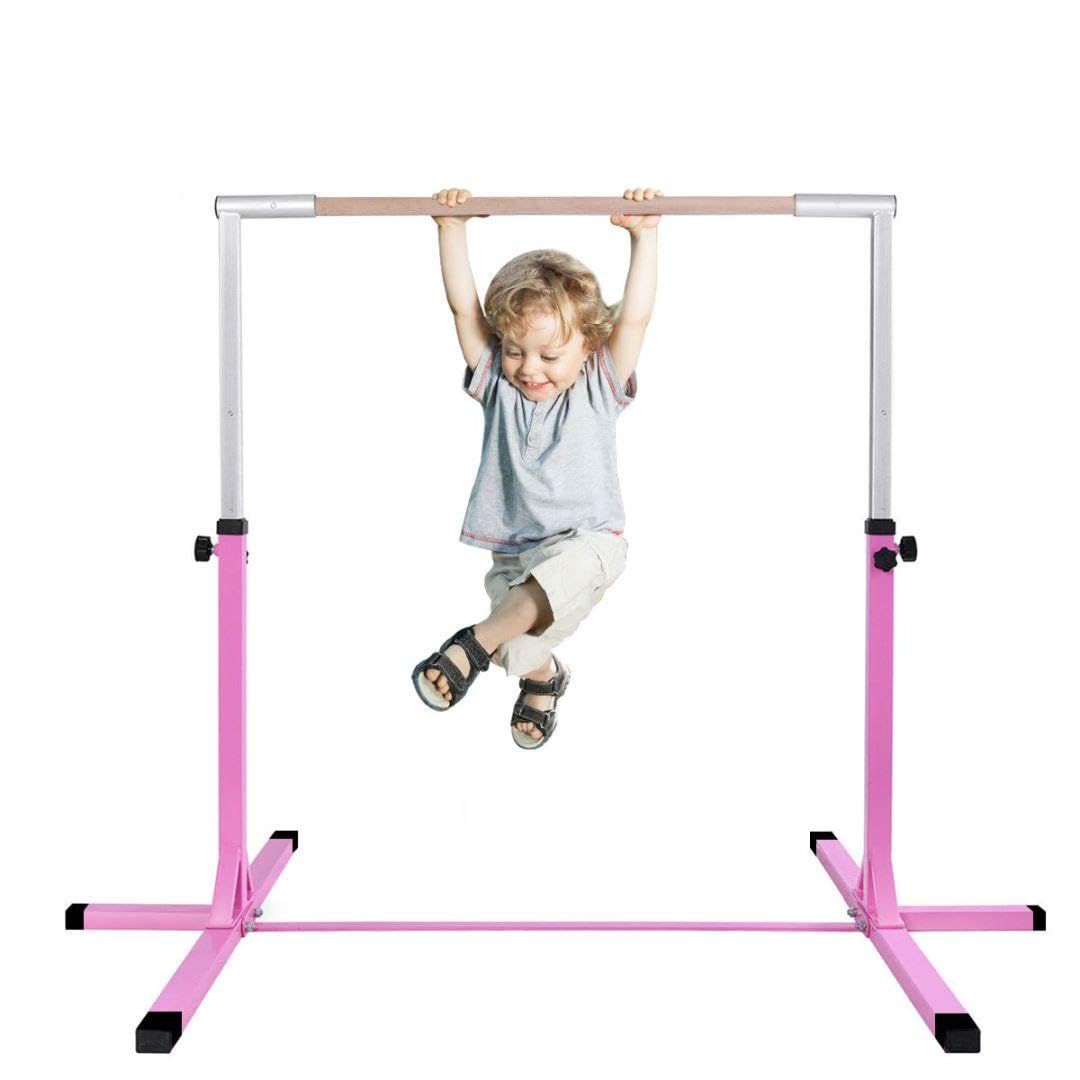 SPOTRAVEL Gymnastics Bar, Height Adjustable Home Gymnastics Equipment for Kids, Horizontal Training Kip Bars for Home Gym (Pink, 90-150 cm)