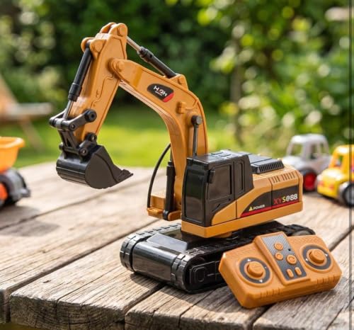 Image of Remote Control Excavator Toy for Kids, 1:64 Alloy RC with 2.4GHz Remote, 360 Rotation, Working Excavator Arm, LED Lights & Sound, Rechargeable Construction Vehicle for Boys & Girls
