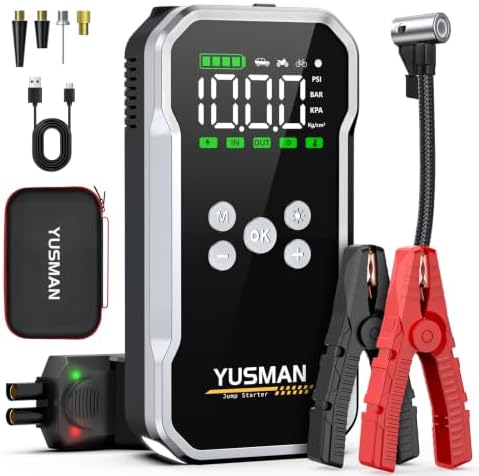 YUSMAN Arrancador de Baterias de Coche con Compresor de Aire, 12V...