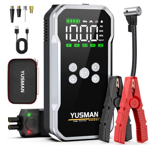 YUSMAN Arrancador de Baterias de Coche con Compresor de Aire, 12V 9000A Arrancador Coche Portatil con Inflador de 160 PSI (para All Gasolina o 10.0L Diesel), Linterna LED de Emergencia
