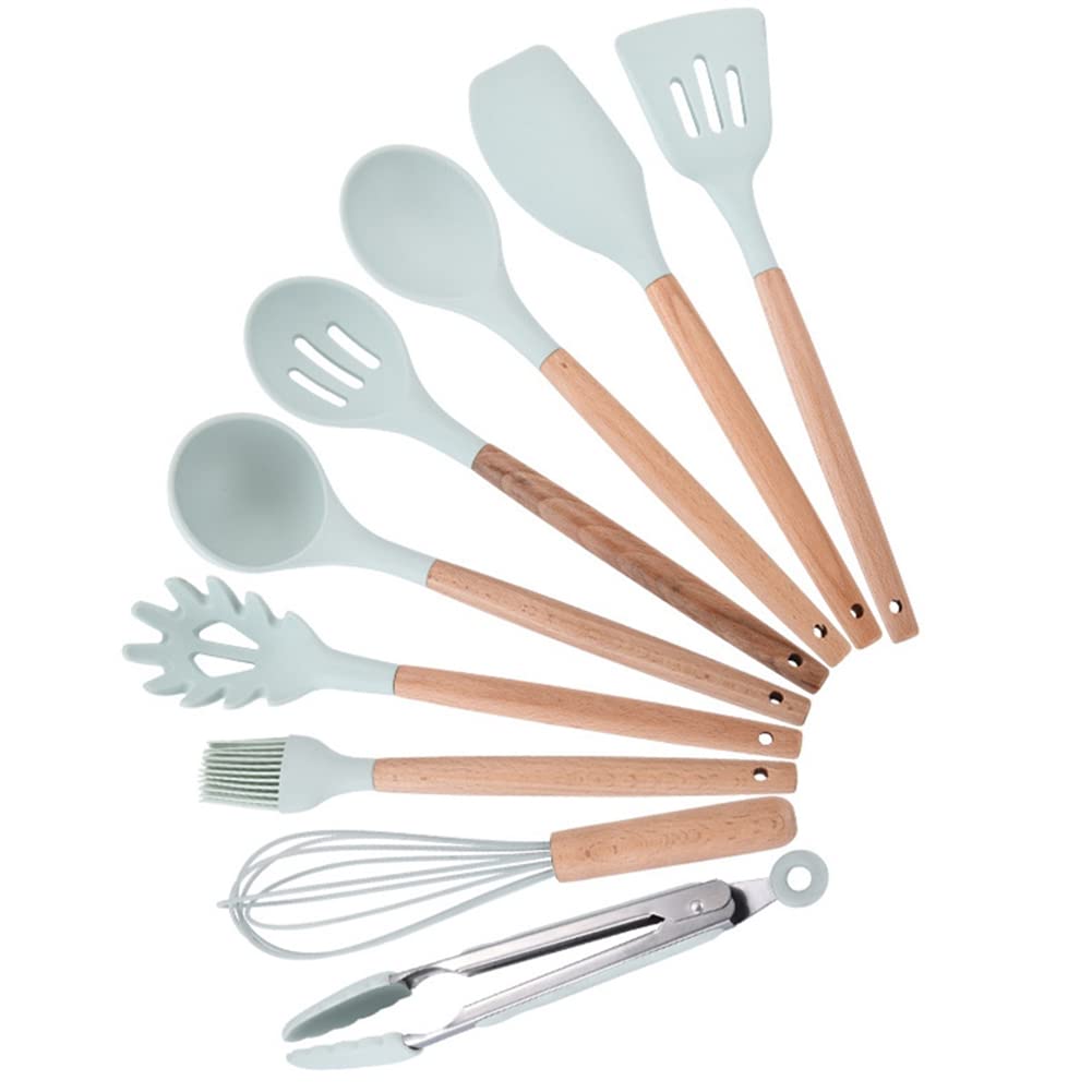 Kit di Utensili da Cucina da 9 Pezzi, Utensili da Cucina Blu, Set di Utensili da Cucina in Silicone con Manico in Legno di Faggio, Set di Gadget da Cucina Antiaderenti Resistenti al Calore per Pentole