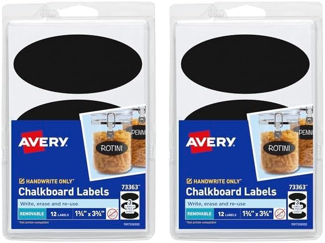 Avery Etiquetas para pizarra, etiquetas extraíbles de 1-34 x 3-34 pulgadas, negras, no imprimibles, 12 etiquetas ovaladas en total (73363) (paquete