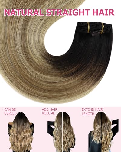 Image of YoungSee 135g Clip in Human Hair Extensions Balayage Remy Clip in Hair Extensions Dark Brown Ombre Medium Brown with Blonde Can Be Heat-styled Real Hair Extension Clip ins Human Hair 18 Inch 7pcs