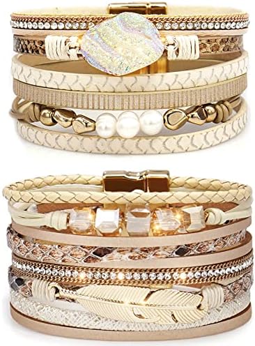Suyi Multilayer Leather Bracelet Set 2 Pieces Beads Wrap Bracelet Wrist Cuff Bangles with Magnetic Buckle for Women
