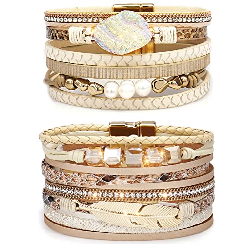Suyi Multilayer Leather Bracelet Set 2 Pieces Beads Wrap Bracelet Wrist Cuff Bangles with Magnetic Buckle for Women, 7.5 inches, Leather