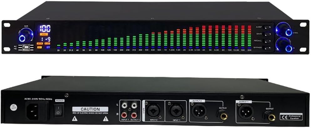 31 Band Digital Equalizer EQ, Audio Stereo Graphic Equalizer, LED Spectrum Display, DSP Processing Chip and Noise Reduction, 10 Preset Effects, Treble, Middle, Bass Adjustment, for Recording Studio 1-channel