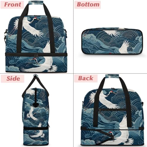 Large Weekender Overnight Bags Japanese Waves Animal Crane Travel Duffel Bag for Women Men Gym Bag With Shoe Compartment Foldie Travel Tote Bag Carry On Personal Item Bag for Travel Gym Sports3