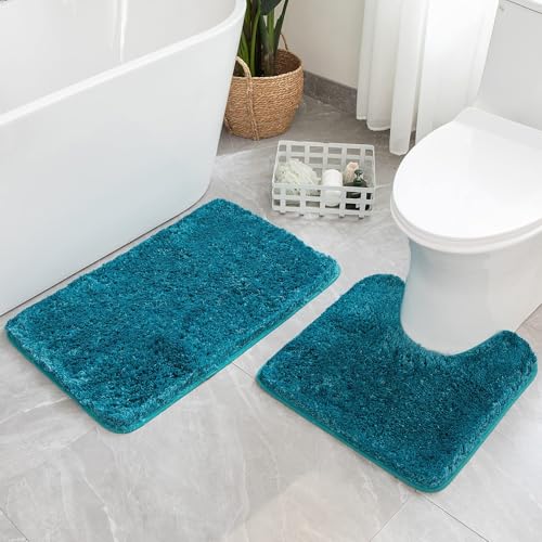 MIULEE Teal Bathroom Rugs Set 2 Piece Soft Bath Mats 20x20+16x24 Inch