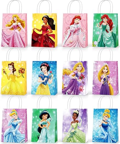 24 Pack Princess Theme Party Favor Bags - Paper Gift Bags with Handles 12 Cute Designs Goodie Bags for Birthday Party Decorations & Celebration Supplies