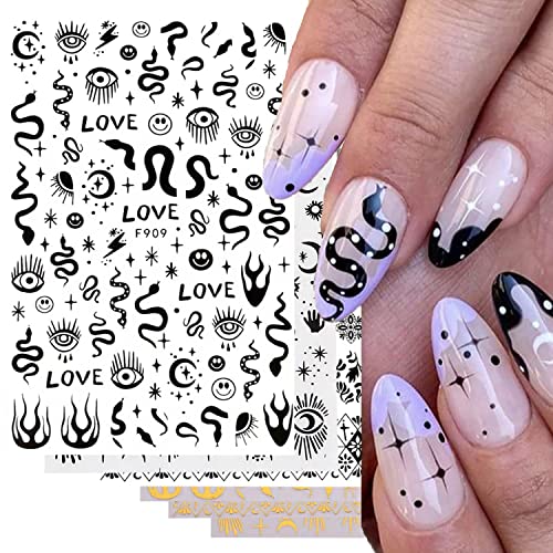 Gothic Nail Stickers For Easter, 3D Self-Adhesive Black Gold Star Snake Moon Flame Nail Art Stickers, Evil Eye Nail Decals Diy Nail Accessories Acrylic Nail Decoration For Women Girls 6Sheets #TOP13