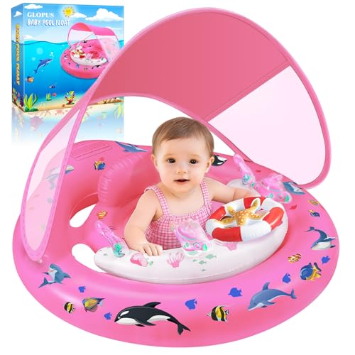 Baby Pool Float with Canopy UPF50+ Sun Protection, Inflatable Kids Pool Floats with Toy Play Console for Baby 6-36 Months, Infant Swimming Float with Adjustable Safety Seat for Boys Girls