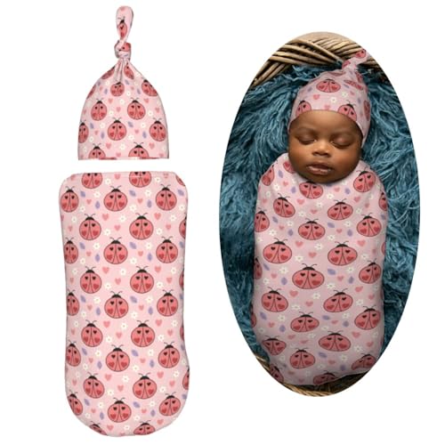 Image of Ladybugs Hearts Flowers Newborn Swaddle Blankets Hat Sets Soft Baby Receiving Blanket Swaddle Sack for Baby Shower Infant Boy Girl Gift