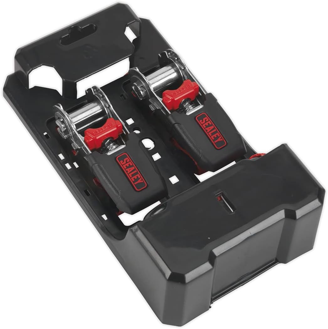 Sealey TD284SD 25mm x 4mtr Polyester Webbing Ratchet Tie Down with S Hooks 800kg Load Test - Pair