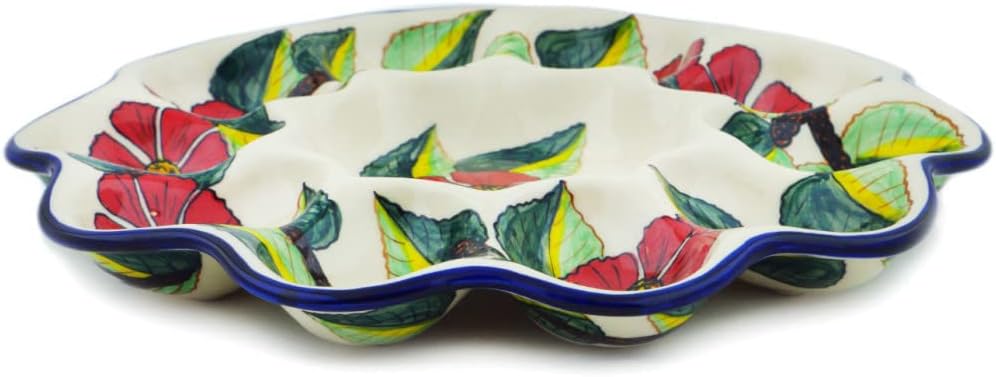 Polmedia Polish Pottery Egg Plate UNIKAT - Poinsettia Paradise Pattern Handmade in Boleslawiec Poland + Certificate of Authenticity