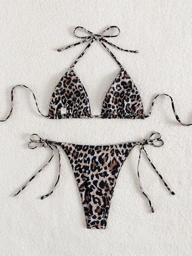 Image of Tainehs Women's Sexy Halter Thong Bikini Tie Two Sides Bottom Triangle Bikini Swimsuits