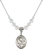 18 Inch Rhodium Plated Necklace w/ 6mm White April Birth Month Stone Beads and Saint Rose of Lima