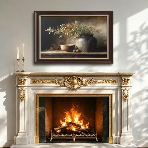 Image of Framed Vintage Olive Branch Still Life Canvas Wall Art, Rustic Pottery Vase Oil Painting Canvas Prints Pictures, Farmhouse Kitchen Wall Decor for Living Room Bedroom Dining Room