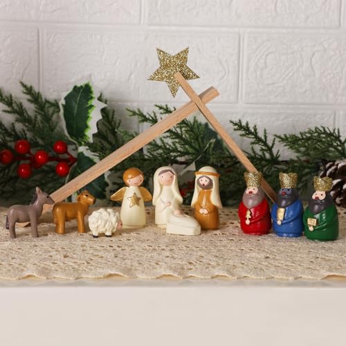 Juegoal Conjuntos de presépio de Natal, conjunto de 11 mini estatuetas de resina de presépio de Nata