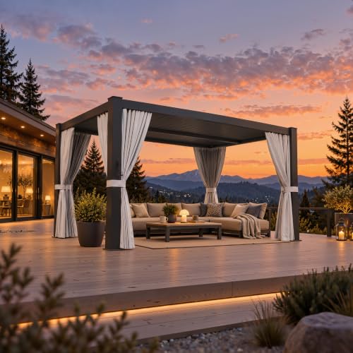 Aoxun Louvered Pergola 12x16 All-Aluminum, Waterproof Curtains and Netting